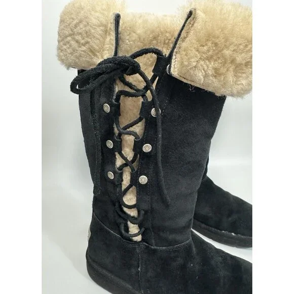 UGG Australia 5163 Upside Tall Suede Lace-Up Black Suede Shearling Boots US 6 - Picture 4 of 13
